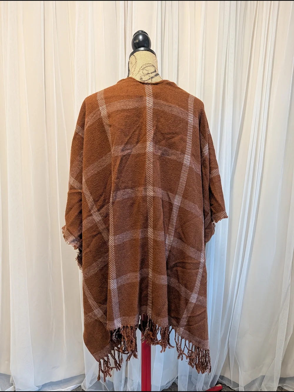 Rust Plaid Fringe Open-Front Poncho